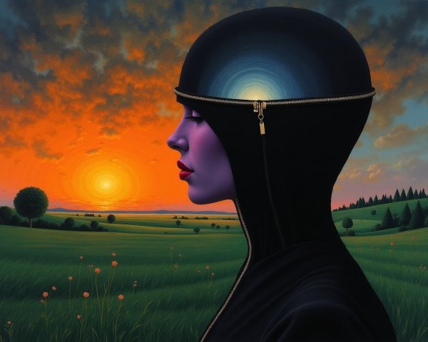 Surreal Landscape with Purple Figure and Sunset Colors