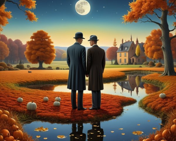 Autumn Landscape with Two Men by a Serene Pond