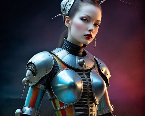 Young woman in futuristic armor with metallic details
