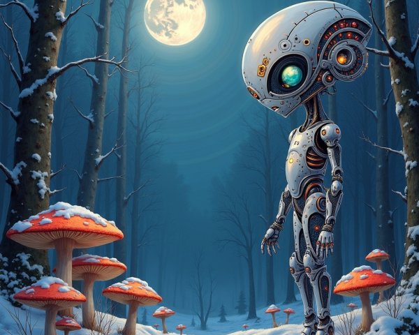 Futuristic Robot in Moonlit Forest with Snowy Mushrooms