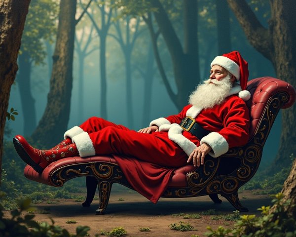 Santa Claus in Vintage Chair in Serene Forest Setting