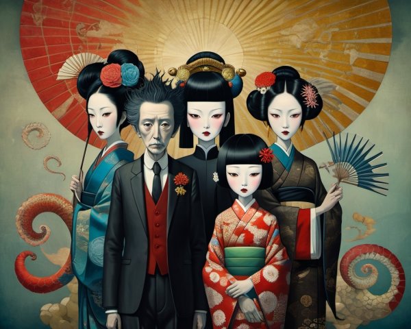 Man in Formal Attire Surrounded by Women in Kimonos