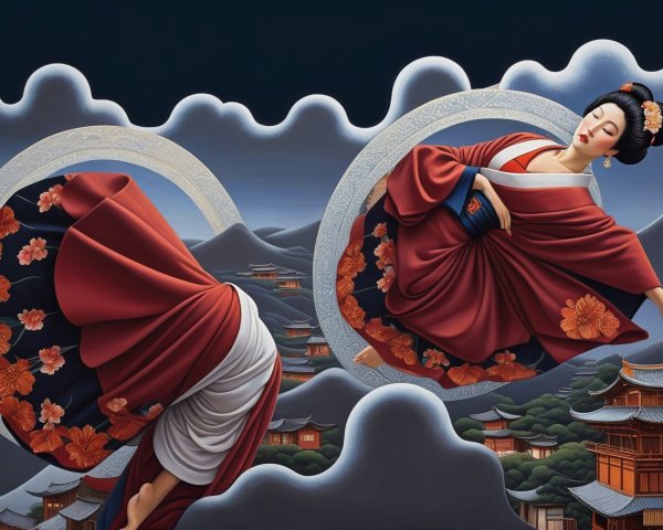 Two Figures in Traditional Attire Amidst Clouds