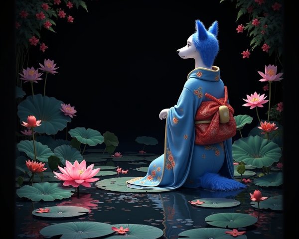 Whimsical Blue Fox on a Lily Pad in a Pond