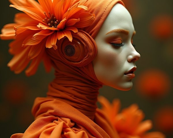 Profile of a Woman in Orange Headscarf and Flowers
