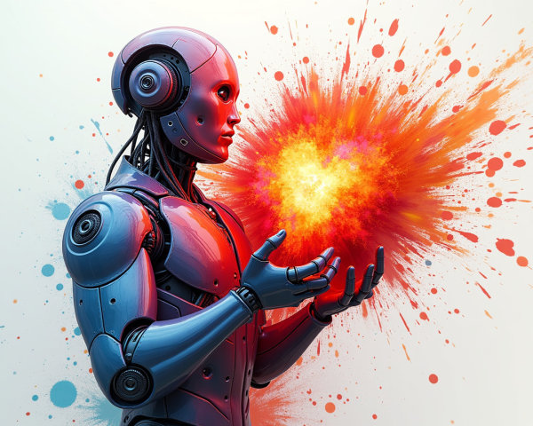 Futuristic Robot with Colorful Heart in Artistic Setting