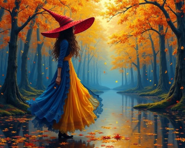 Young woman in vibrant gown by tranquil autumn river