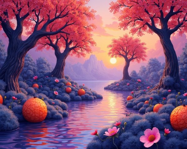 Serene Landscape with Pink Trees and Calm River