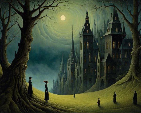 Dark Castle Landscape with Victorian Figures and Moonlight