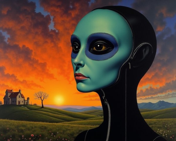 Humanoid Figure with Blue Skin in Sunset Landscape