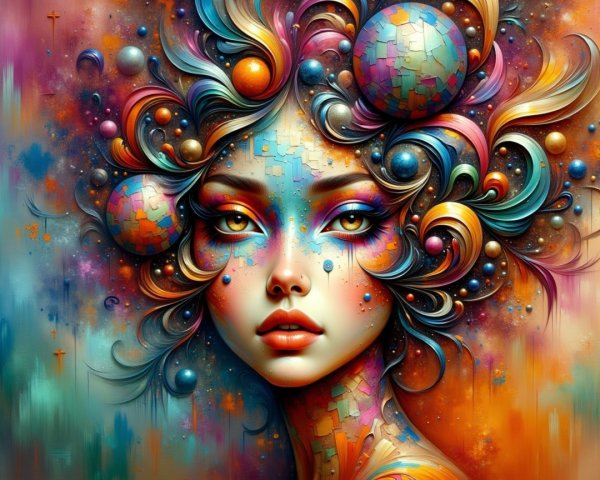Vibrant Artwork of Stylized Woman with Colorful Hair
