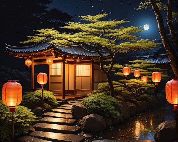 Serene Japanese Garden at Night with Teahouse and Lanterns
