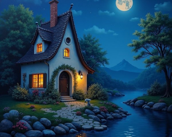 Charming Cottage by Tranquil River Under Full Moon