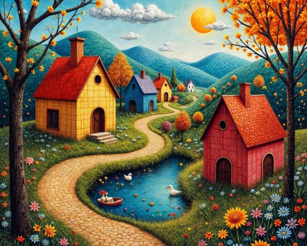 Vibrant Countryside Scene with Colorful Houses and Pond