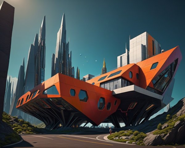 Futuristic Building with Orange Façade and Skyscrapers