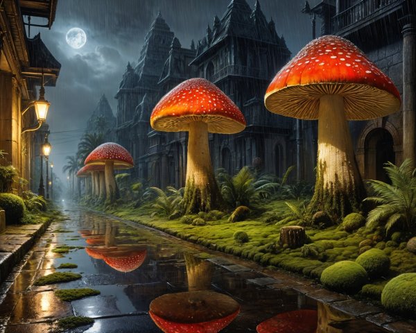 Mystical Moonlit Street Scene with Red Mushrooms