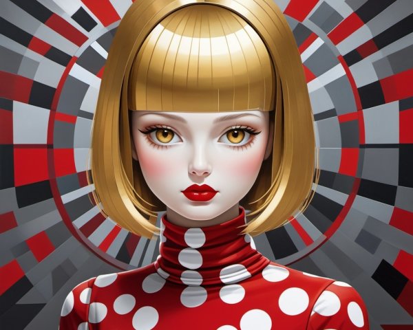 Stylized doll with bold features and vibrant attire