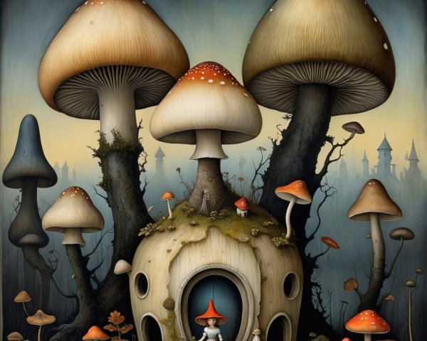Whimsical House Surrounded by Oversized Mushrooms