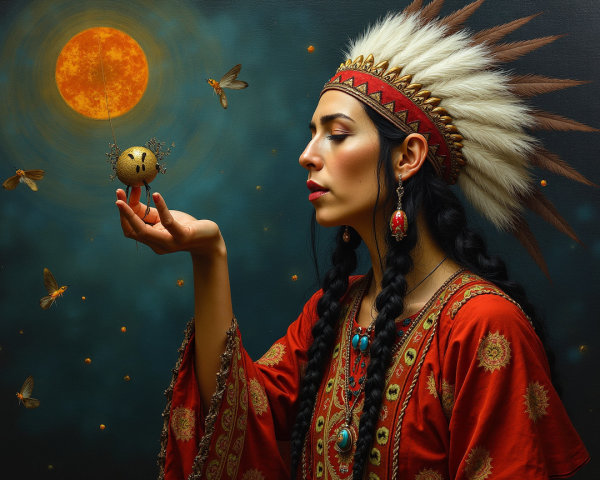 Woman in Red Dress with Feathered Headdress and Moths