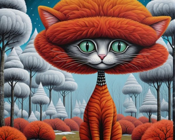 Cartoonish Cat in Dreamy Landscape with Colorful Elements