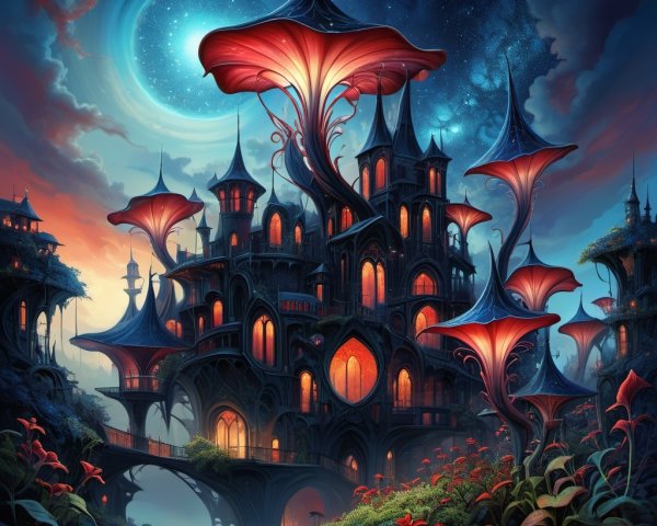 Fantastical castle with luminescent mushrooms and flora