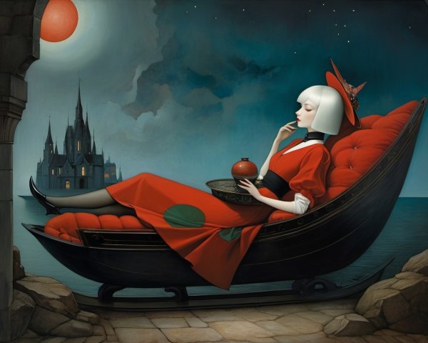 Serene figure in red dress with tea set by castle