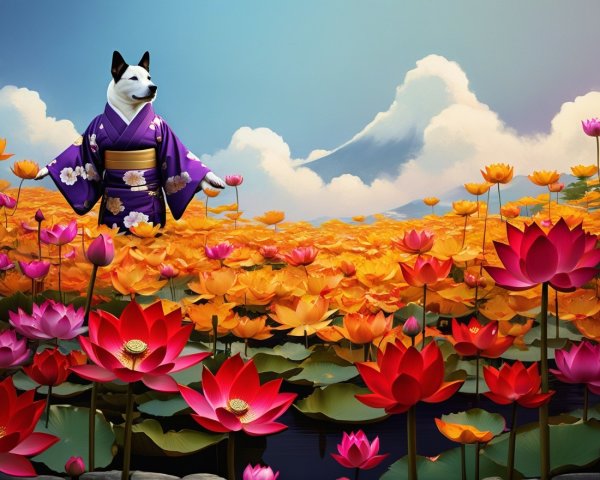 Dog in Kimono Surrounded by Blooming Lotus Flowers