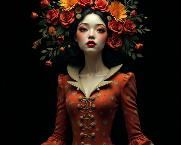 Elegant woman in rust gown with floral crown