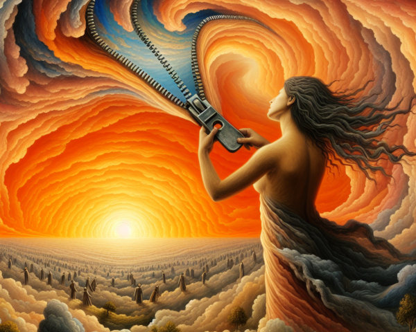 Surreal Scene of Woman with Zipper in Sunset Clouds