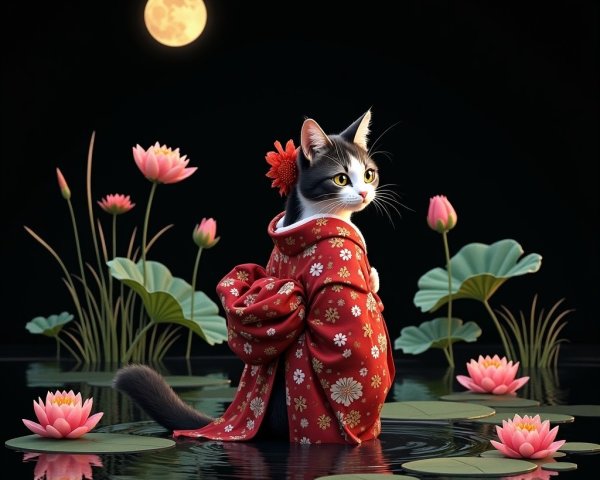 Cat in Red Kimono by Tranquil Pond with Lotus Flowers