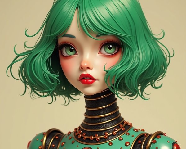 Stylized Character with Green Hair and Futuristic Outfit