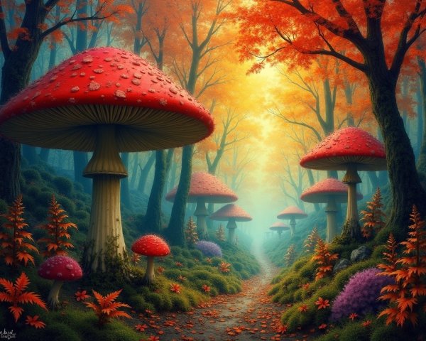 Whimsical Forest Scene with Red Mushrooms and Autumn Leaves
