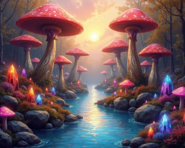Magical forest with vibrant mushrooms and sparkling river