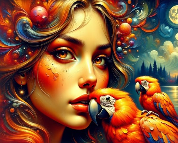 Portrait of a Young Woman with Colorful Hair and Parrots