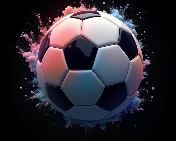 Glossy Black and White Soccer Ball with Colorful Splashes