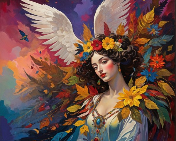 Woman with Autumn Leaves and Angelic Wings