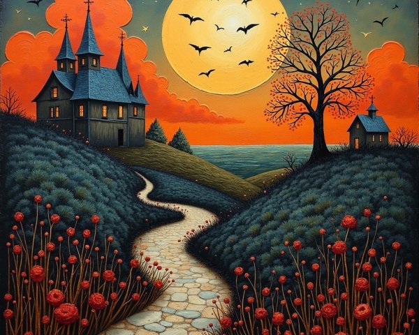 Tranquil Evening Scene with Houses and Vibrant Sunset