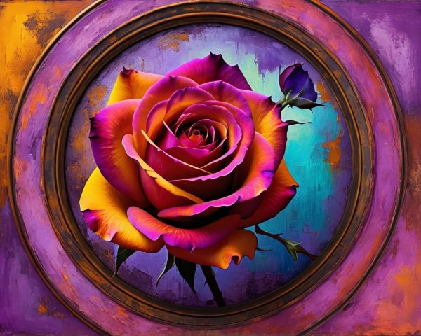 Vibrant Rose with Butterfly in Circular Frame