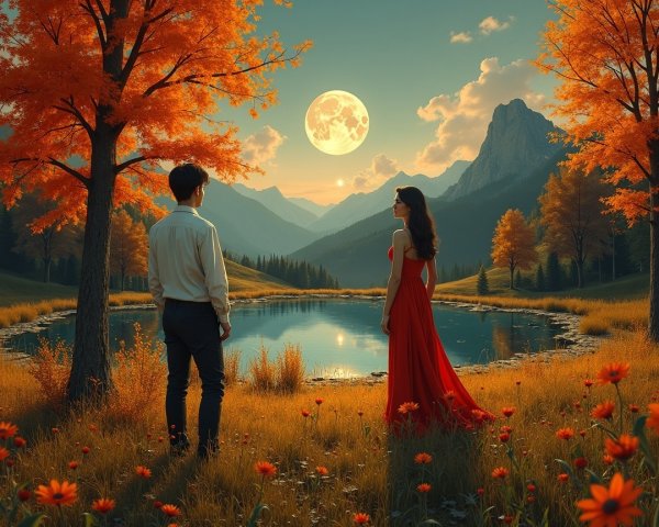 Autumn Landscape with Couple by Tranquil Lake