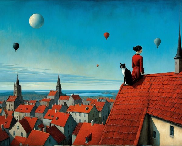 Rooftop Scene with Woman, Cat, and Hot Air Balloons