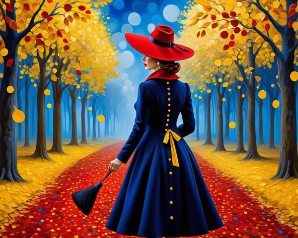 Woman in Blue Coat on Autumn Leaf Pathway