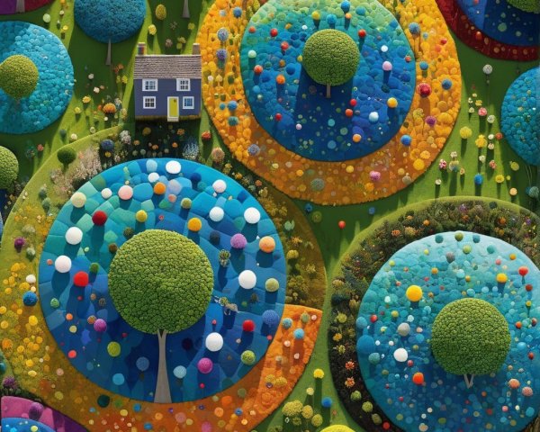 Whimsical Landscape with Colorful Circular Fields