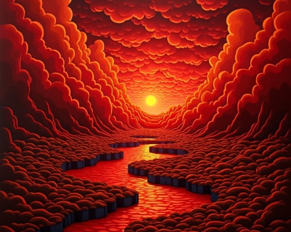 Surreal Landscape with Vibrant Clouds and Golden River