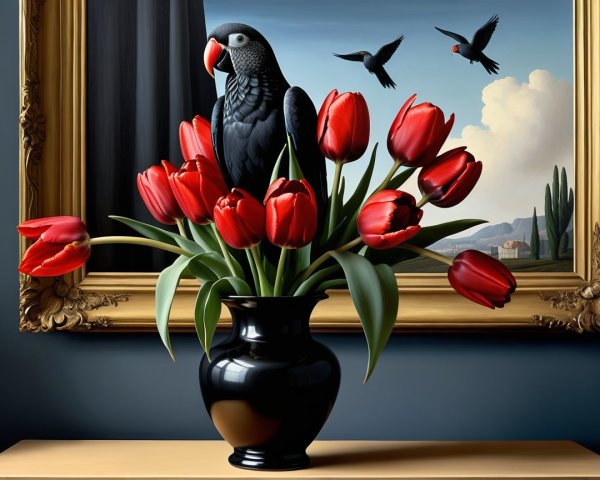 Still-Life with Black Vase, Red Tulips, and Bird