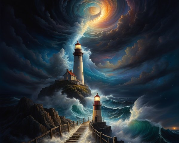 Lighthouses on Rocky Coastline with Dramatic Sky