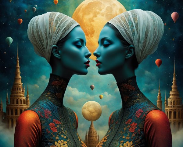 Women in Tunics Against Cosmic Sky and Full Moon