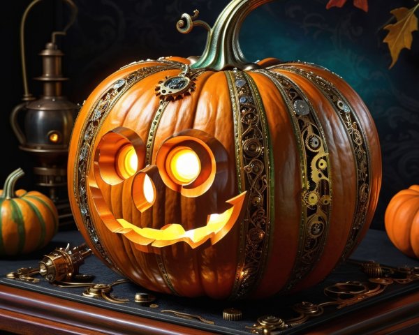 Steampunk-Themed Carved Pumpkin with Gears and Leaves
