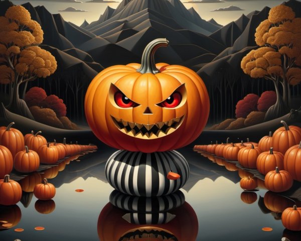 Sinister Pumpkin Overlooks Serene Autumn Lake Scene