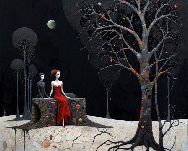Surreal Landscape with Woman in Red Dress and Moon