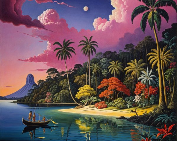 Tropical Bay Scene at Sunset with Fishermen and Nature